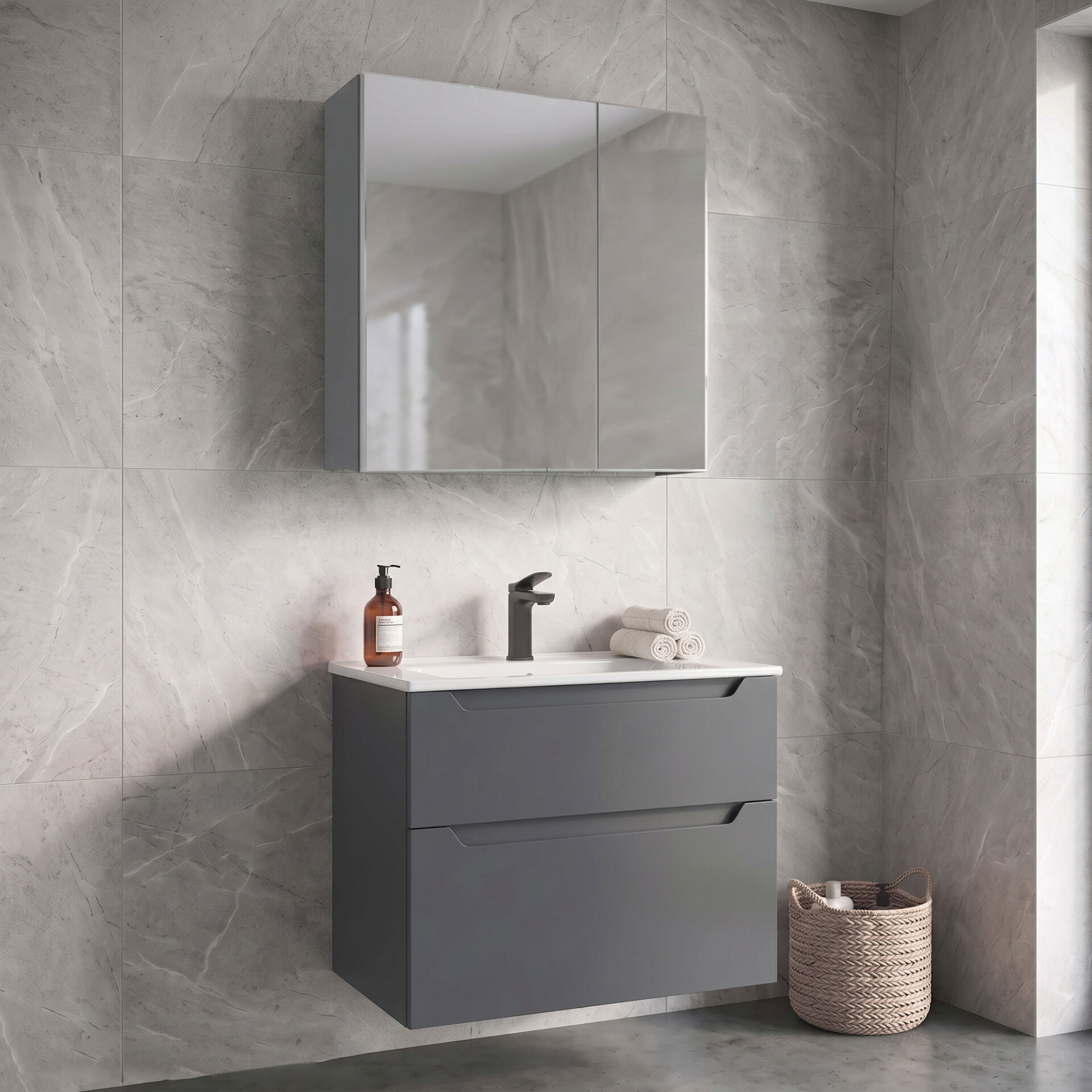 Orka Messina 85 Ayna Dolaplı Asma Banyo Dolabı MAT ANTRASİT