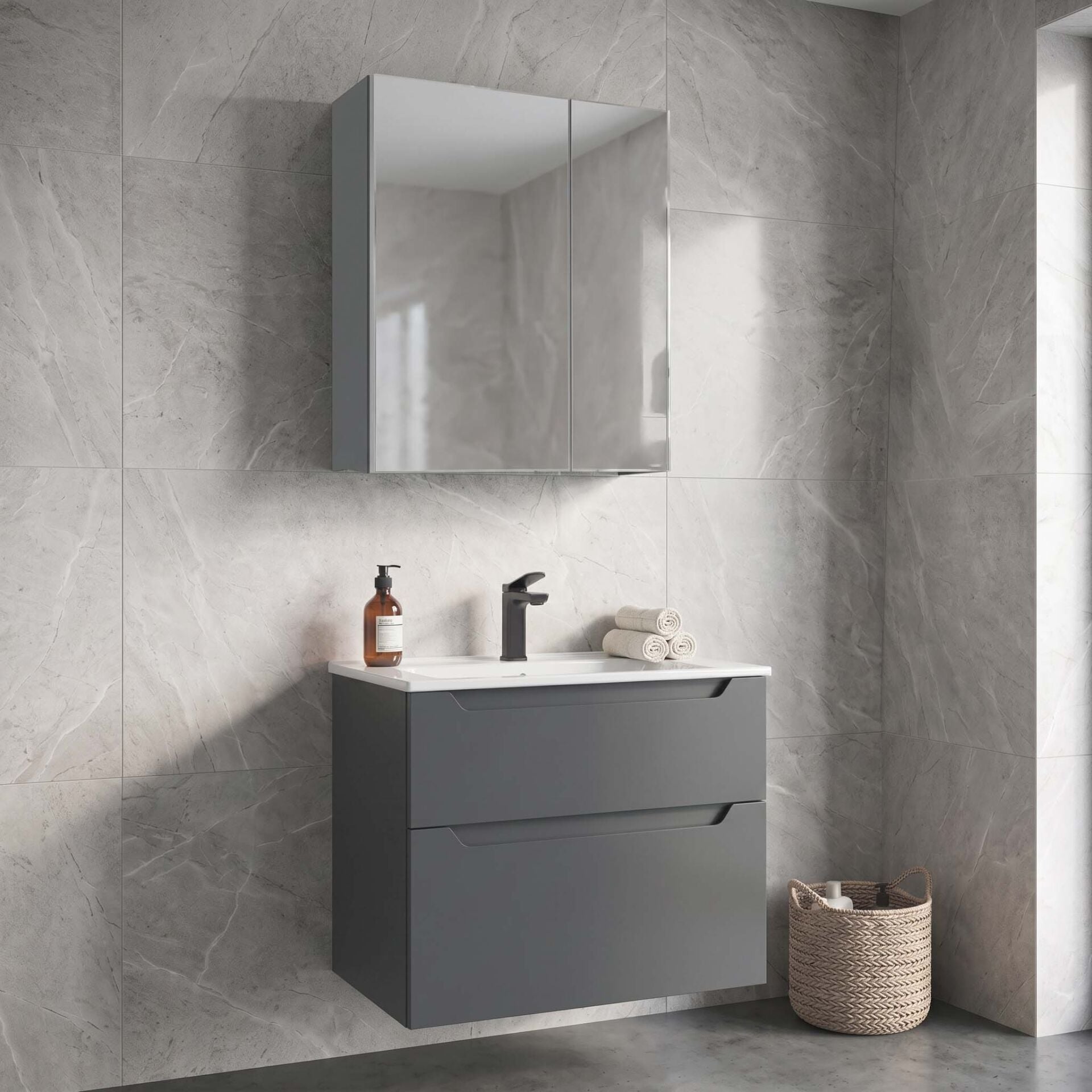 Orka Messina 65 Ayna Dolaplı Asma Banyo Dolabı MAT ANTRASİT
