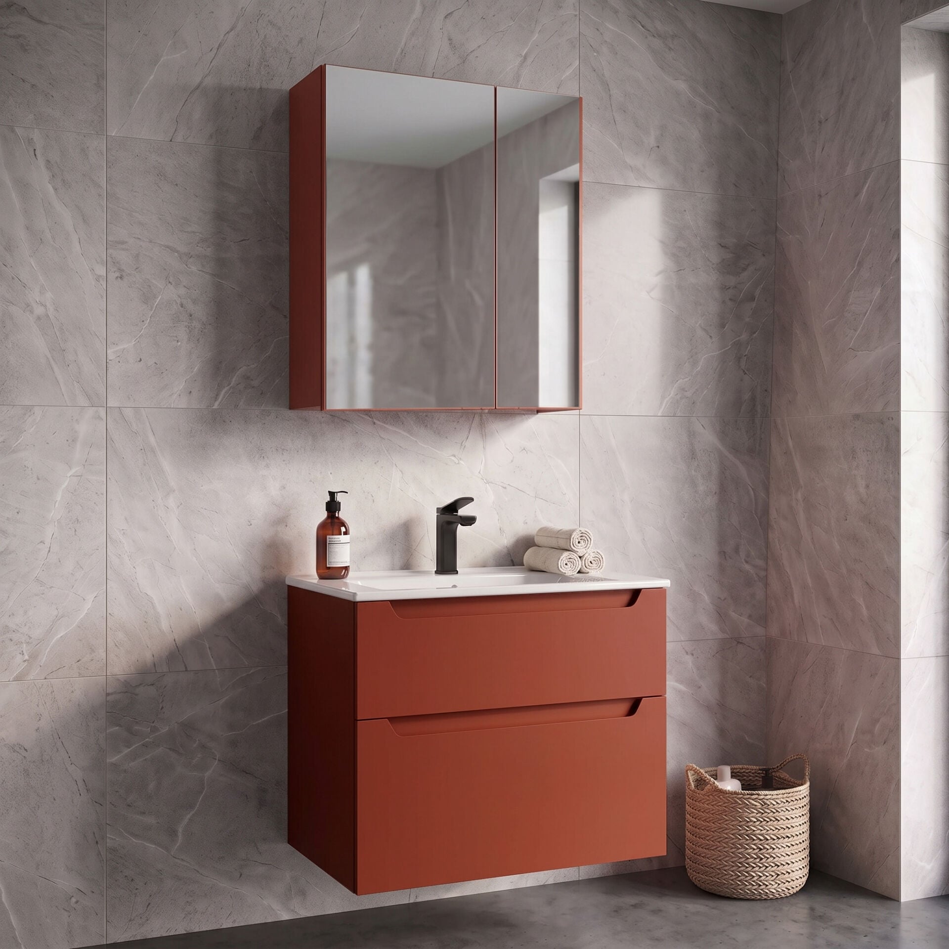 Orka Messina 65 Ayna Dolaplı Asma Banyo Dolabı MAT KIRMIZI