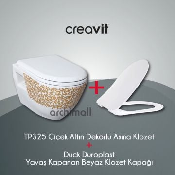 Creavit Çiçek Altın Dekorlu Asma Klozet + Duck Soft Kapak