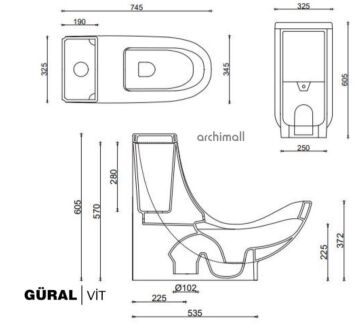 Güralvit WC Health anatomik çömelme pozisyonu destekli klozet tasarımı teknik cizim