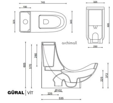 Güralvit WC Health anatomik çömelme pozisyonu destekli klozet tasarımı teknik cizim