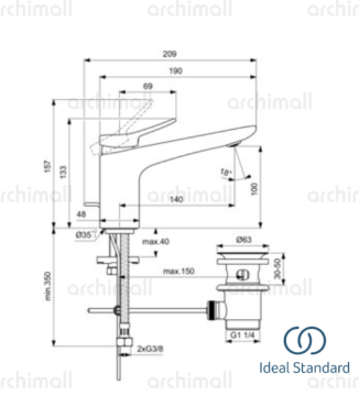 İdeal Standard Conca Grande Lavabo Bataryası Manyetik Gri