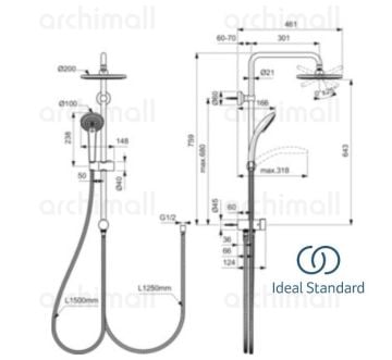 İdeal Standard Ceratwist T20 Kare Duş Kolonu Krom