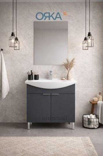 Orka Purus 65 cm Düz Aynalı Ayaklı Banyo Dolabı MAT ANTRASİT
