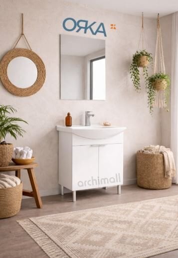 Orka Purus 55 cm Düz Aynalı Ayaklı Banyo Dolabı PARLAK BEYAZ