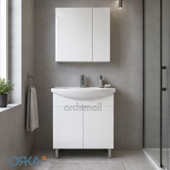 Orka Purus 80 cm Ayna Dolaplı Ayaklı Banyo Dolabı PARLAK BEYAZ