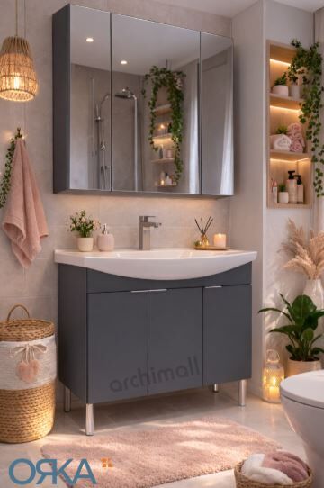 Orka Purus 100 cm Ayna Dolaplı Ayaklı Banyo Dolabı MAT ANTRASİT