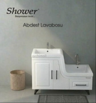 Shower Banyo Ceylin abdest dolabı seti ve lavabosu beyaz duvara dayali gorunum