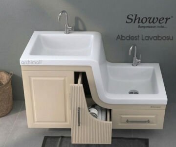 Shower Banyo Ceylin abdest dolabı seti ve lavabosu beyaz cekmecesi acik gorunum