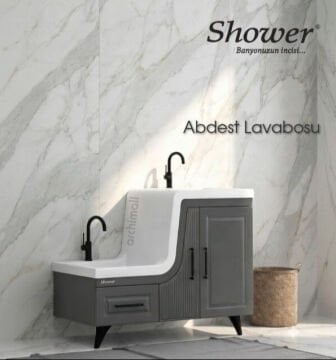 Shower Banyo Ceylin abdest dolabı seti ve lavabosu beyaz mekanda gorunum