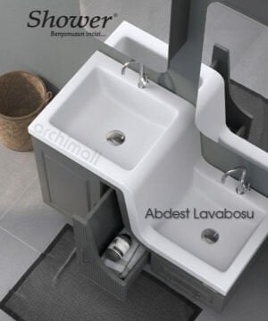 Shower Banyo Ceylin abdest dolabı seti ve lavabosu beyaz kusbakisi gorunum