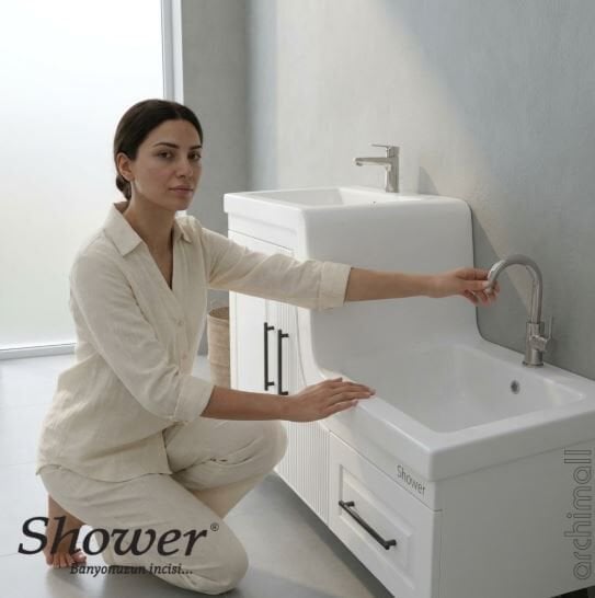 Shower Banyo Ceylin Abdest Dolabı Seti Beyaz - SAĞ