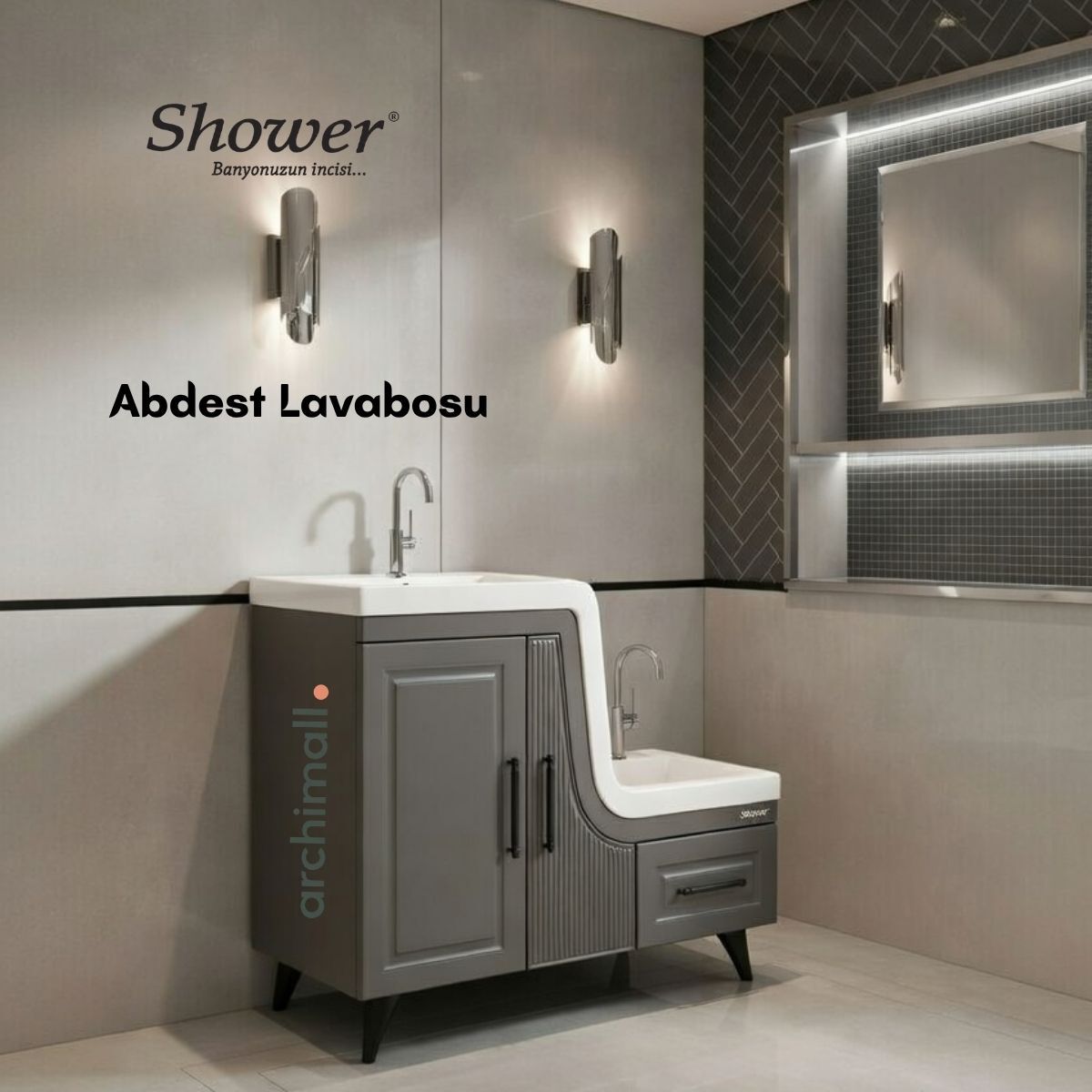 Shower Banyo Ceylin Abdest Dolabı Seti Antrasit - SAĞ