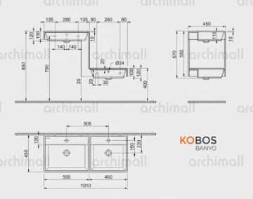 Archimall Kobos Up Down Family fonksiyonel abdest lavabosu beyaz teknik cizim