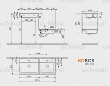 Archimall Kobos Up Down Family fonksiyonel abdest lavabosu beyaz teknik cizim