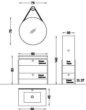 Badella Meloni 85 V21 Banyo Dolabı